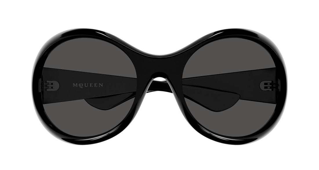 Óculos de sol alexander mcqueen am0592s 001 negro round/oval/panthos unisex tamanho 65mm - Vista de detalhe