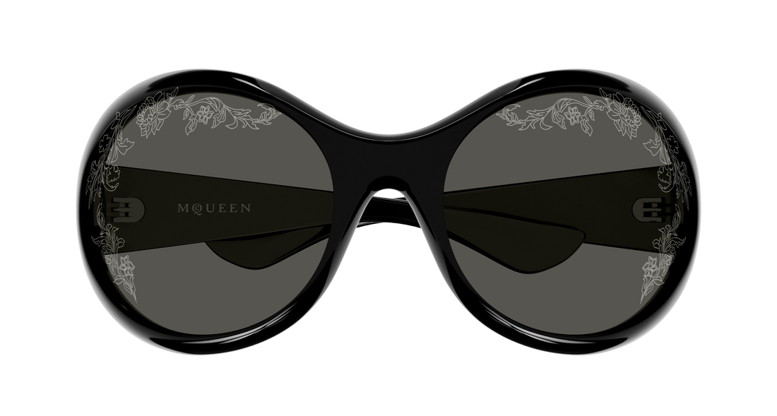 Óculos de sol alexander mcqueen am0592s 005 negro round/oval/panthos unisex tamanho 65mm - Vista de detalhe